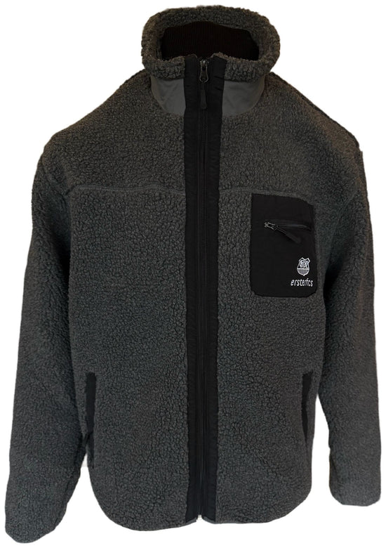 Graue Fleece Jacke mit schwarzer Brusttasche