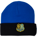 Beanie blau mit schwarzem Umschlag und Wappen