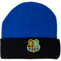 Beanie blau mit schwarzem Umschlag und Wappen