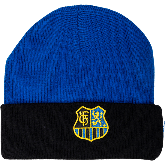Beanie blau mit schwarzem Umschlag und Wappen