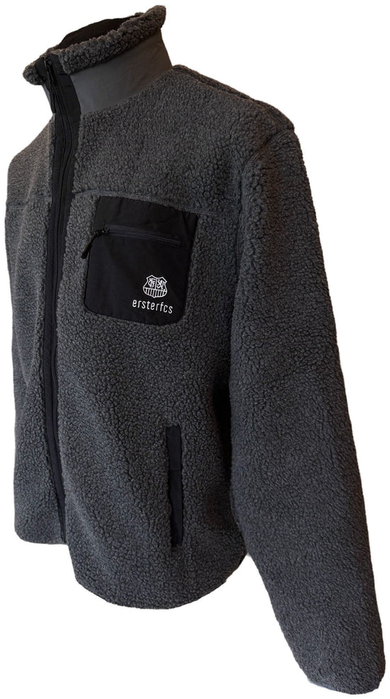 Graue Fleece Jacke mit schwarzer Brusttasche