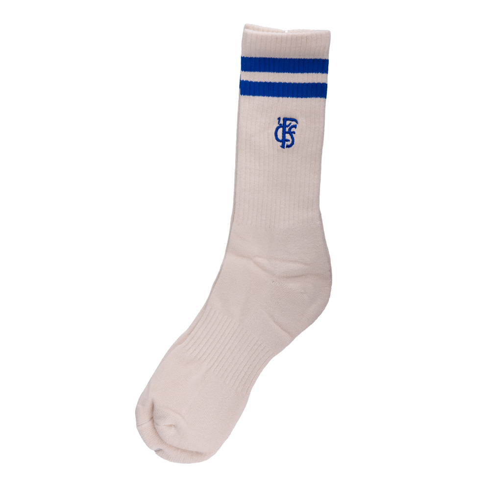 Socken Cremefarbig mit blauen Streifen und Logo