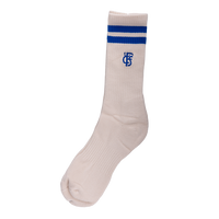 Socken Cremefarbig mit blauen Streifen und Logo