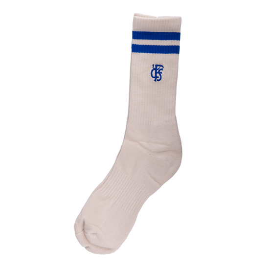 Socken Cremefarbig mit blauen Streifen und Logo