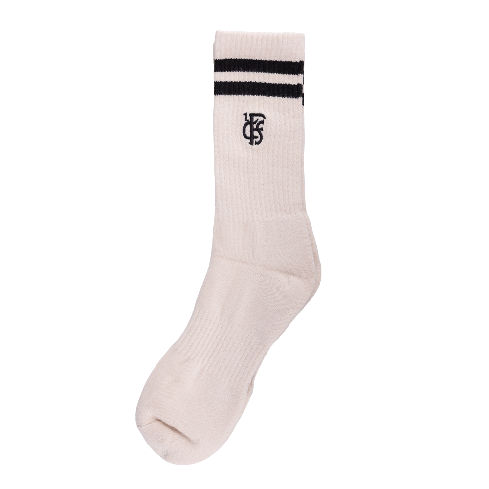 Socken Cremefarbig mit  schwarzen Streifen und Logo
