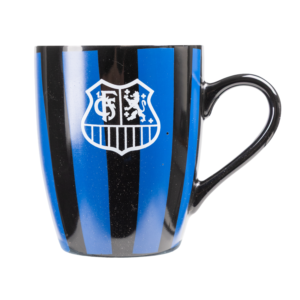 Tasse blau-schwarz gestreift mit Wappen