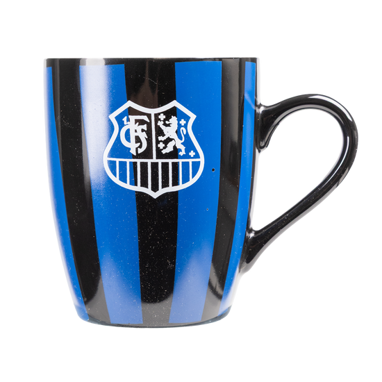Tasse blau-schwarz gestreift mit Wappen
