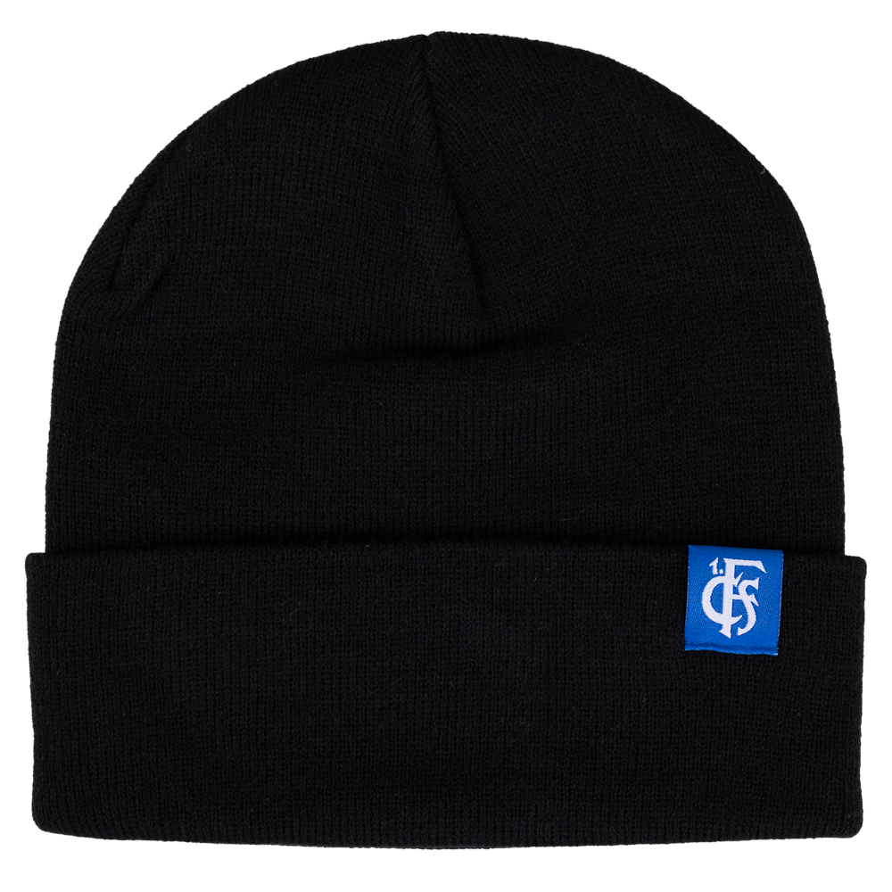Beanie schwarz mit Umschlag und Logo in weiß