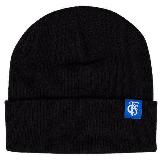 Beanie schwarz mit Umschlag und Logo in weiß